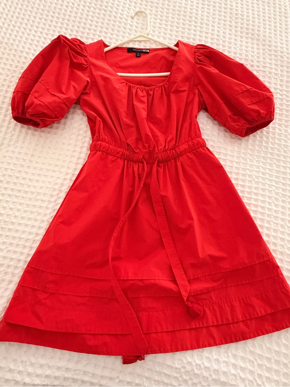 Women's Red Puff-Sleeve Casual Dress with Waist Tie